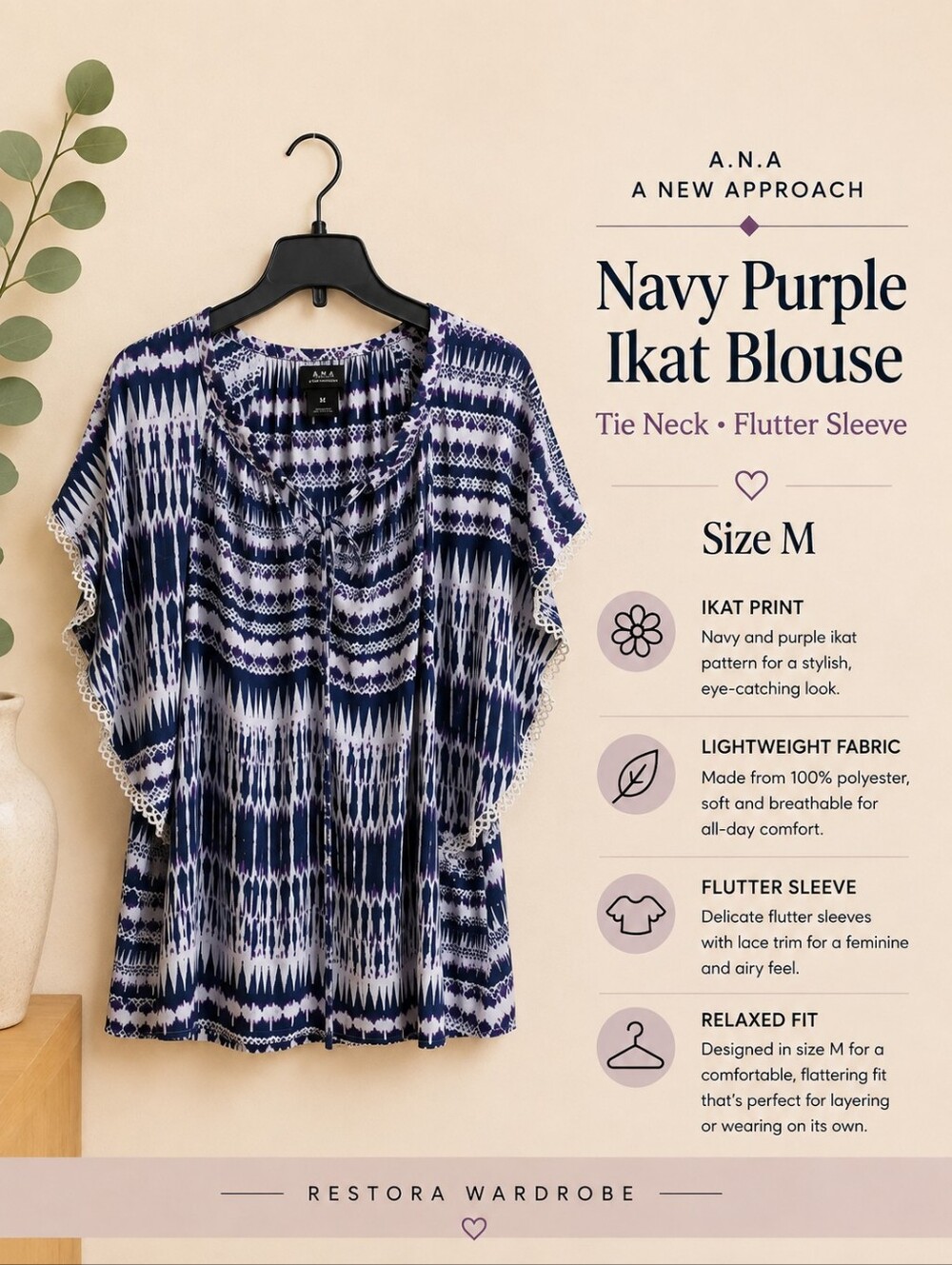 a.n.a Boho Ikat Navy Purple Tie Neck Flutter Sleeve Blouse M